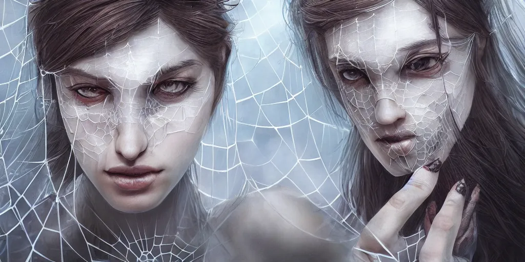 Prompt: hyperrealistic photography of a highly detailed and symmetrical gorgeous nordic female caught in a spiderweb with approaching gigantic spider in the style of jin kagetsu, james jean and wlop, highly detailed, face symmetry, highly realistic hands, masterpiece, award - winning, sharp focus, intricate concept art, ambient lighting, 8 k, artstation