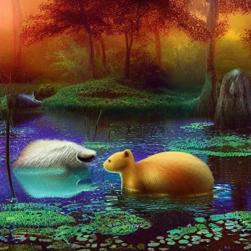 Image similar to Capybara swimming in a lake in a mushroom forest, digital art, psychedelic, by WLOP, by Artgerm, by Greg Rutkowski, volumetrics, octane render