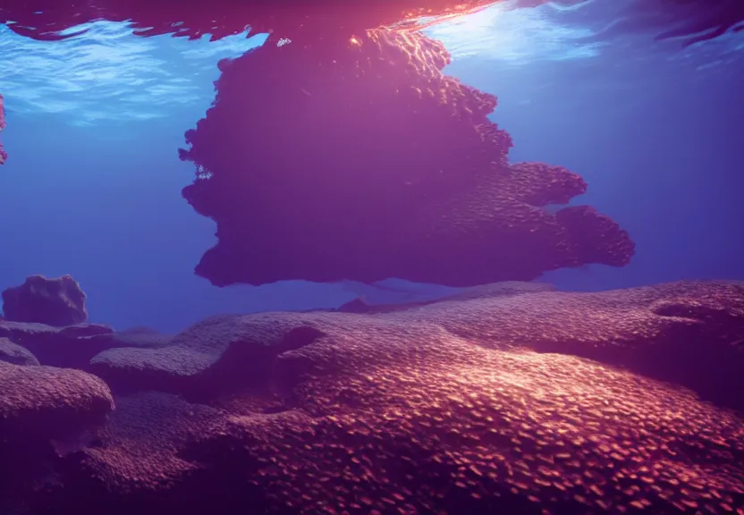 Image similar to ambient rays in the depths of the ocean, fish and corals barely visible, raytracing, unreal engine, nature, caustics, artstation