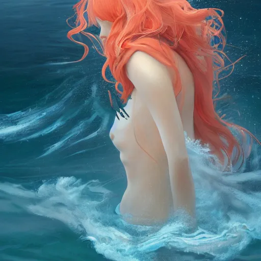 Prompt: breathtakingly detailed concept art painting portrait of goddess sinking into the sea, carrot colored hair, orthodox saint, full body, gorgeous background, created by hsiao - ron cheng, very moody lighting, 8 k