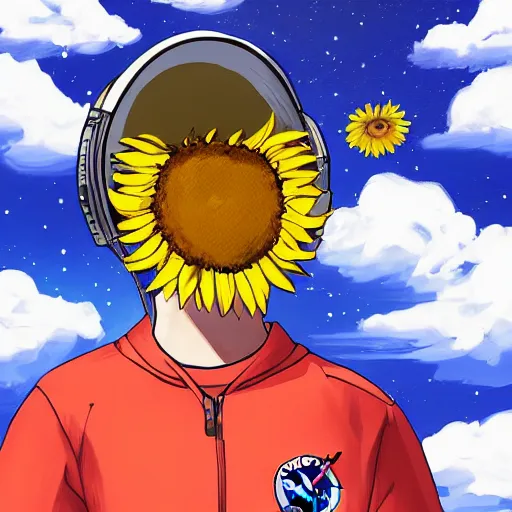 Prompt: a portrait of a sad astronaut in a field of sunflowers, the sky is blue with anime style clouds, painting, 4k,