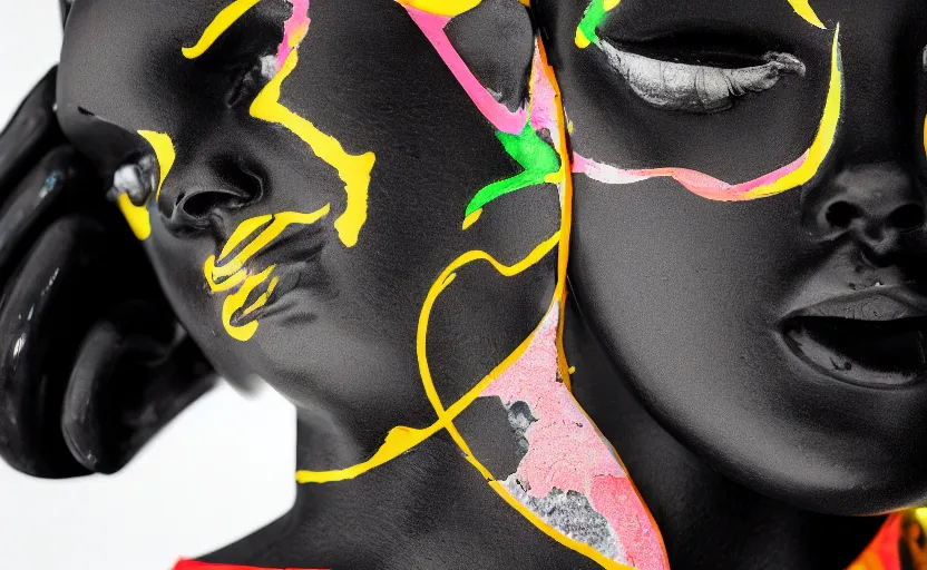 Image similar to close up portrait of extremely beautiful female black marble statue in the style of virgil abloh, colorful motocross logos behind her, sharp focus, clear, detailed,, cinematic, detailed, off white, glamourous, symmetrical, vogue, editorial, fashion, magazine shoot, glossy