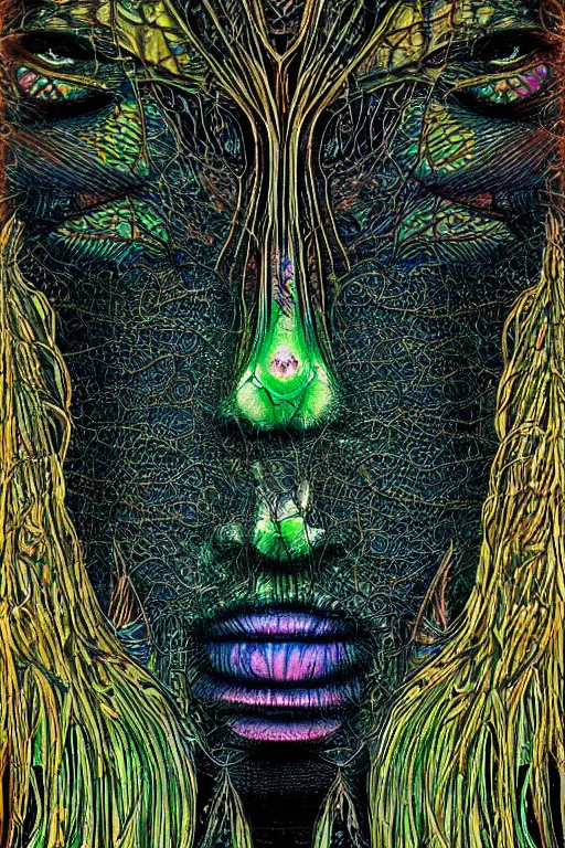 Image similar to dark portrait of one Bioluminescent old shaman, with cracked fractal semi-transparent skin. multicolored fish scales, closeup. long dark hair with insects and plant leaves. at night, realistic. intricate, very detailed, by alex grey and Moebius