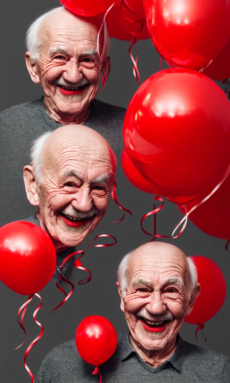 Image similar to waist up portrait of smiling old man with red balloons, highly detailed, digital painting, concept art, smooth, sharp focus, epic composition, award winning photography, gothic art, artstation, concept art, beautiful render, art by artgerm and wlop