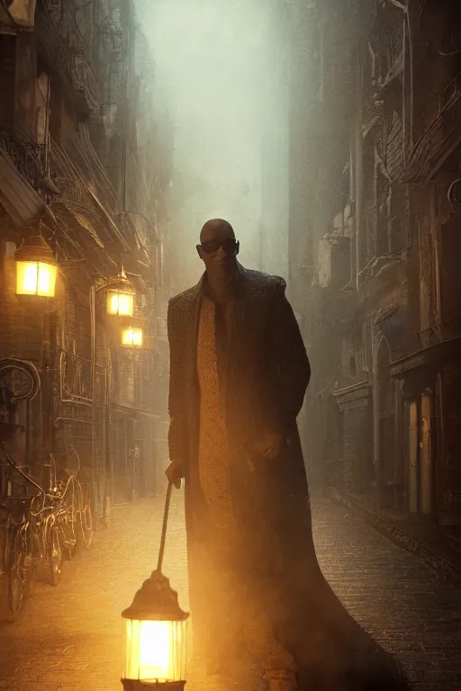 Image similar to a realistic photo of morpheus, the sandman by neil gaiman, swirling mist, intricate details and textures, mystical feeling, a dark and misty alley lit by gas lanterns, hyper realistic octane render, volumetric shading, depth of field, raytracing, 8 k,