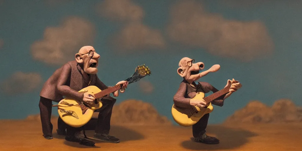 Prompt: a old man playing guitar, surrealistic detailed claymation art, moody, foggy