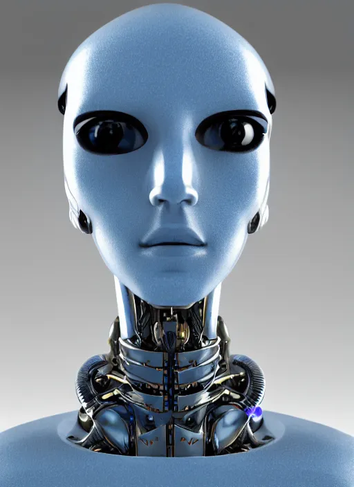 Image similar to angled facial full-head portrait of a cyberpunk bone ceramic caliente humanoid robot Spanish with an attractive face and handsome features, large blue laser eyes, macho, piroca, dotado, guapo, reflective surface, trending on cgsociety, trending on artstation