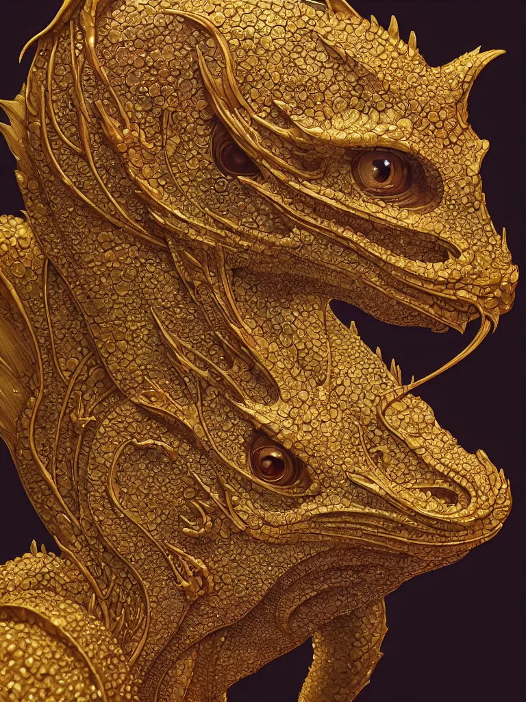 Image similar to close-up portrait dragon 3d composition, mucha, moebius, New art nouveau, gold betta fish, bioluminescent, intricate artwork by Tooth Wu and wlop and beeple. octane render, trending on artstation, greg rutkowski very coherent symmetrical artwork. cinematic, hyper realism, high detail, octane render, black studio background, 8k