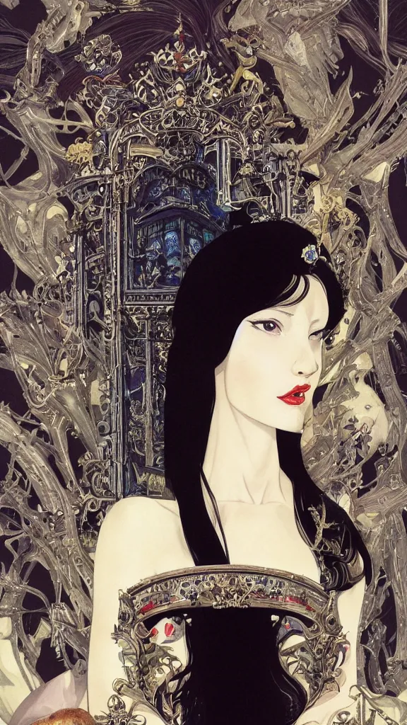 Image similar to a beautiful black haired woman with pale skin and a crown on her head sitted on an intricate metal throne new york circa 1 9 8 4 edward hopper and james gilleard, surreal, open ceiling, highly detailed, airbrush, ilya kuvshinov, wlop, stanley artgerm, very coherent, art by takato yamamoto and james jean