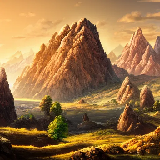 Prompt: The stone landscape with mountains in the background, Sci-Fi fantasy desktop wallpaper, painted, 4k, high detail, sharp focus