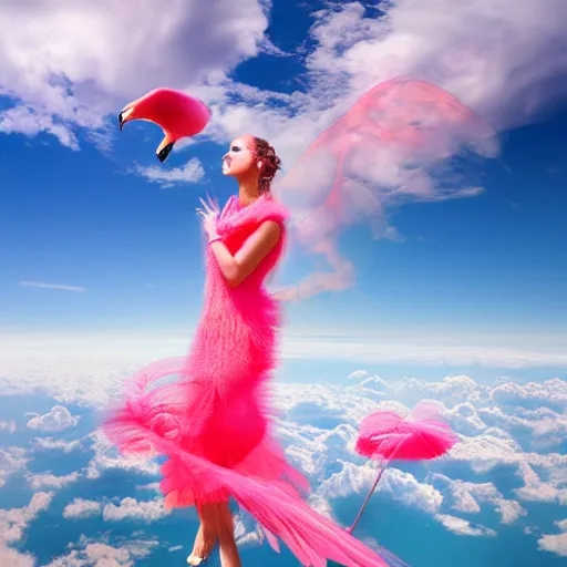 Prompt: goddess wearing a flamingo fashion, photoshop, colossal, creative, giant, digital art, city, photo manipulation, clouds, sky view from the airplane window