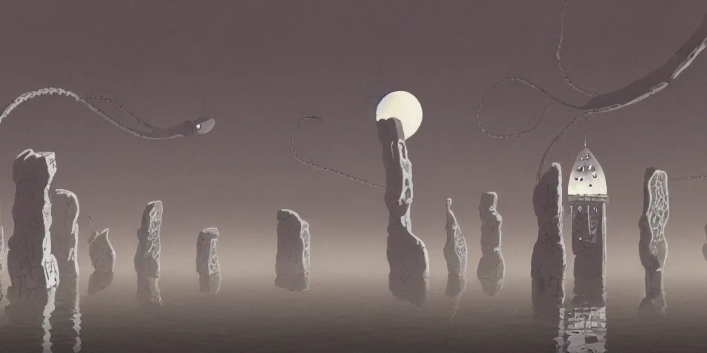 Image similar to a realistic cell - shaded studio ghibli concept art from paprika ( 2 0 0 6 ) of a flying intelligent dull grey mechanical octopus from close encounters of the third kind ( 1 9 7 7 ) in a flooded monument valley stonehenge. very dull colors, wide shot, hd, 4 k, hq