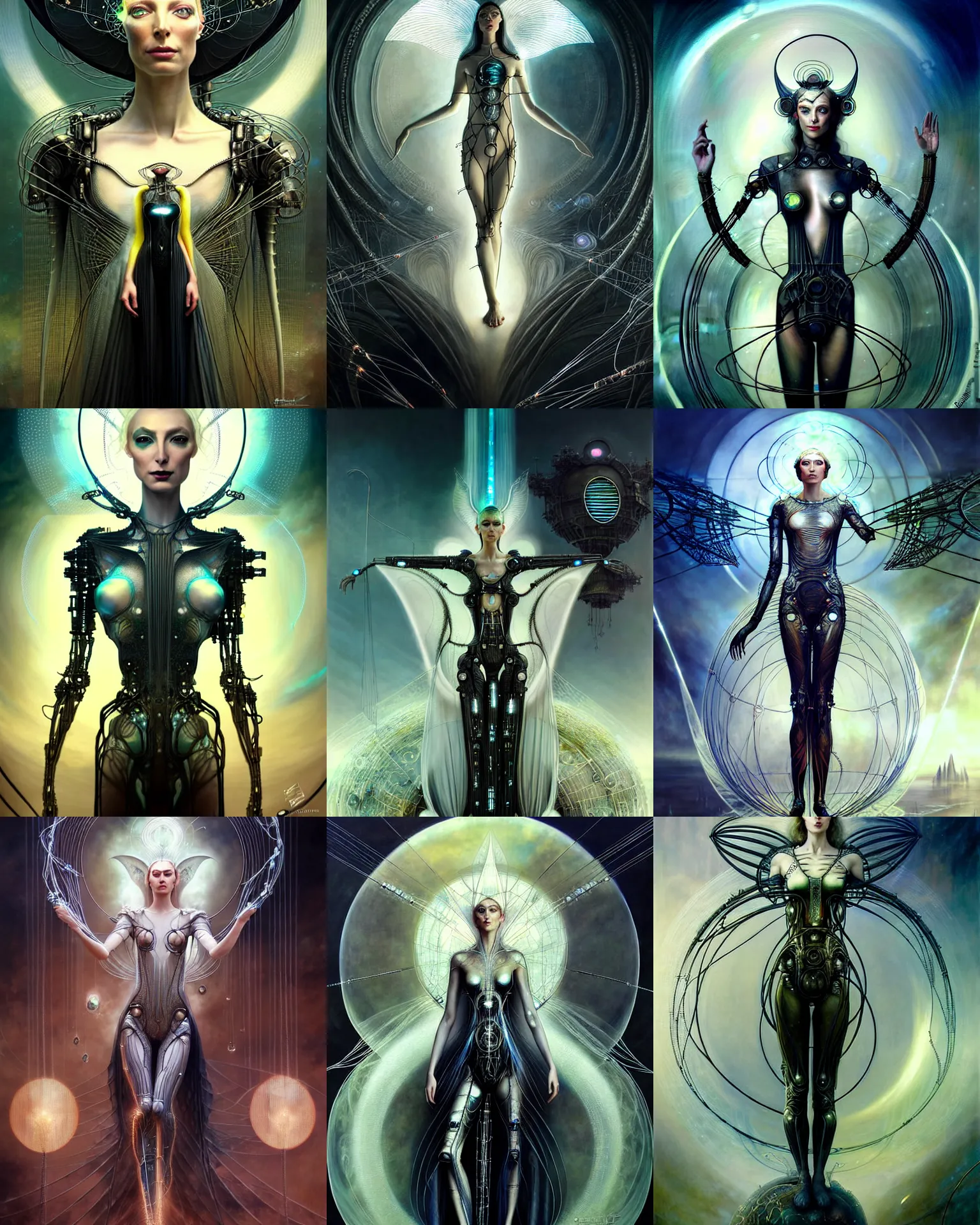 Prompt: karol bak and tom bagshaw and bastien lecouffe - deharme full body character portrait of galadriel as the borg queen, digitalcore rebirth, floating in a powerful zen state, supermodel, beautiful and ominous, wearing combination of mecha and bodysuit made of wires and silk, minas tirith in the background, scifi character render