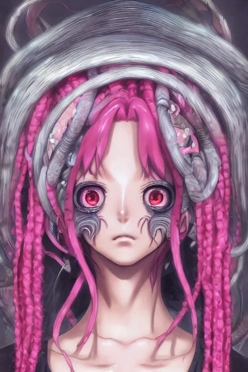 Prompt: portrait of an anime manga girl with pink snake dreads, straight on portrait, by artgerm, james jean, tom bagshaw, gerald brom, vaporwave colors, lofi colors, vaporwave, lofi, goth vibe, 4 k, smooth, hd, substance designer render, full body character concept art, symmetrical,