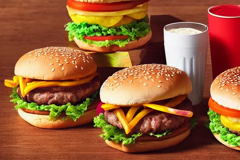 Image similar to mcdonalds colorful burgers, commercial photograph taken on table