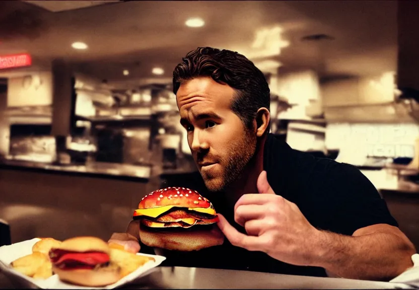 Prompt: a ultra realistic hyper realistic underexposed fujifilm 800 photograph of ryan reynolds being eaten by a burger