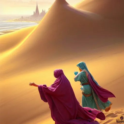 Prompt: three robed women on a sand dune, realistic, female, city in background, D&D, fantasy, intricate, elegant, highly detailed, digital painting, artstation, octane render, concept art, matte, sharp focus, illustration, hearthstone, shallow depth of field, dramatic lighting, art by Artgerm and Greg Rutkowski and Alphonse Mucha