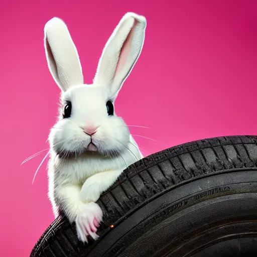 Image similar to a cute bunny sitting on a tire, studio photo, high quality