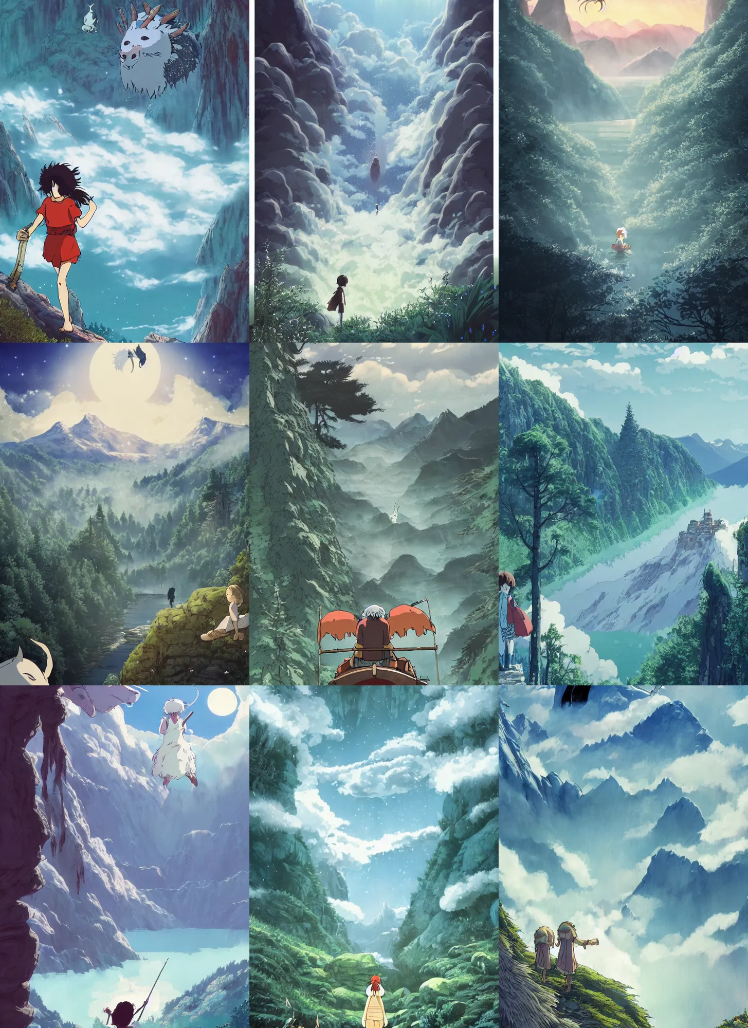 Prompt: the flim poster of a magical place around mountains and river, white spirit flying around the sky, miyazaki's animated film, ghibli studio, princess mononoke, 4 k, highly detailed, horizon view, cinematic composition, hyperdetailed,