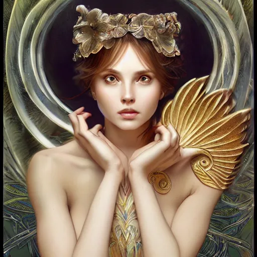 Prompt: a photograpic portrait of a pretty woman, angel, fantasy, intricate, elegant, highly detailed, digital painting, artstation, concept art, smooth, sharp focus, illustration, art by artgerm and h r giger and alphonse mucha