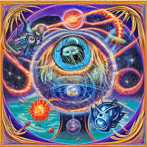 Image similar to krakken battling the spaghetti monster in outer space imagined by alex grey