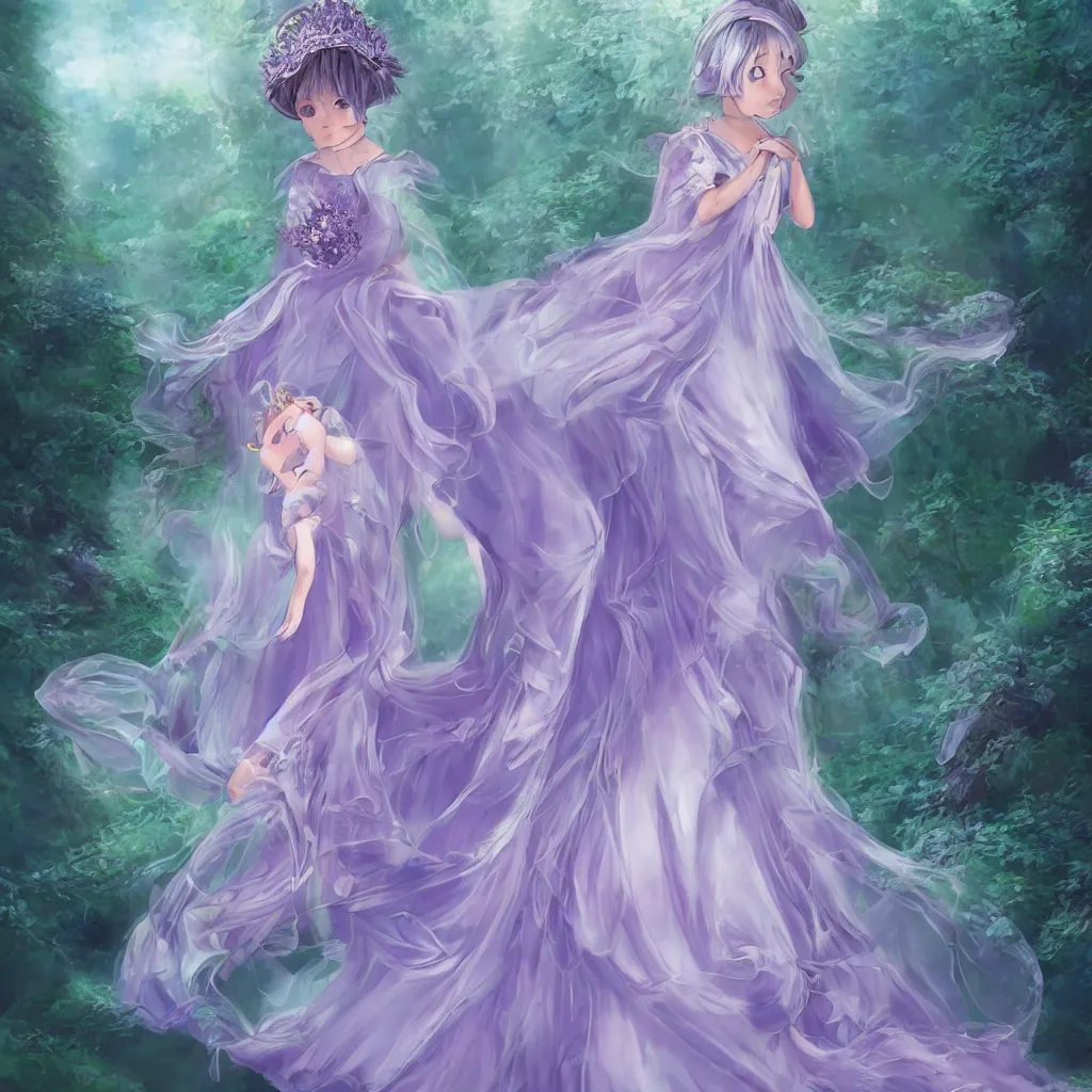 Prompt: A cover for a book, high detaile digital art of a princess, princess is bowing with the following pose, bowing her head slightly and holding the ruffles of her skirt, her dress is lavender and she wears a tiara adorned with emerald crystals, her hair is long and straight, natural morning light, anime style