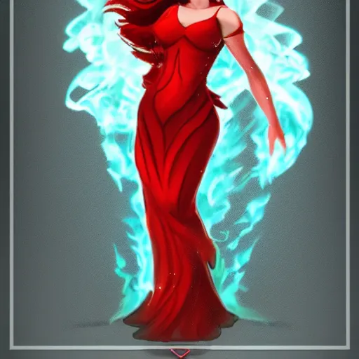 Prompt: a goddess with red hair and red dress with a fire aura headshot, trending on artstation