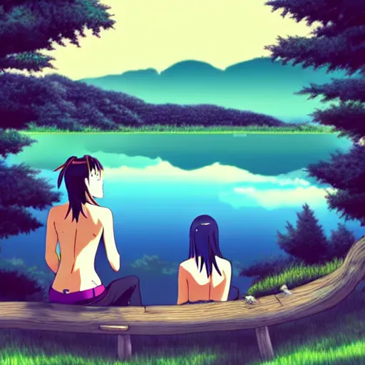 Image similar to two lesbian girls smoking hemp in front of a lake in the style of anime, pixiv, intricate, elegant, highly detailed, lush, stylized, japanese, smooth