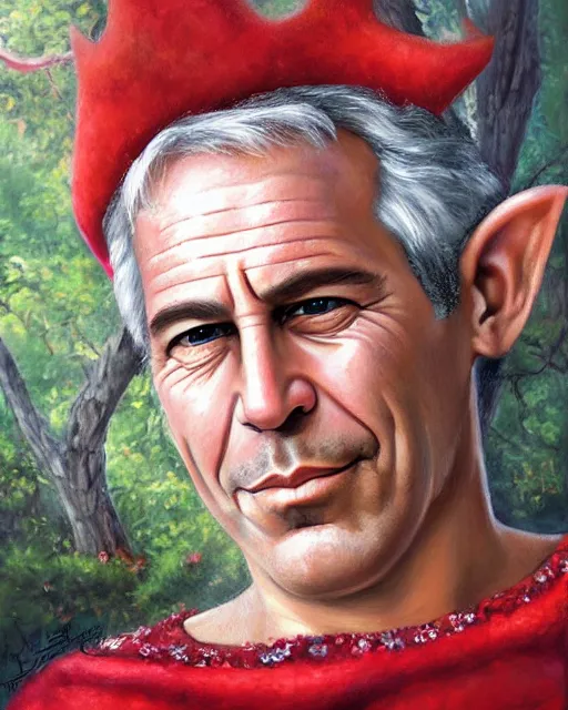 Prompt: Jeffrey Epstein as a beautiful elf princess, oil painting, by laura sava
