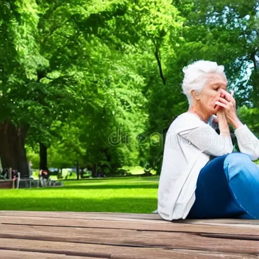 Image similar to an older woman sitting in a park wearing a thin translucent oxygen line under her nose, 4 k, stock photo