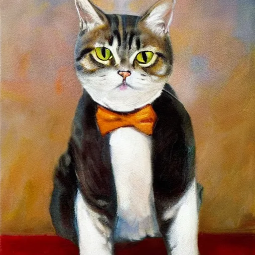 Prompt: An impressionist oil painting of a Full length Portrait of a tabby British shorthair cat in a suit, wide angle