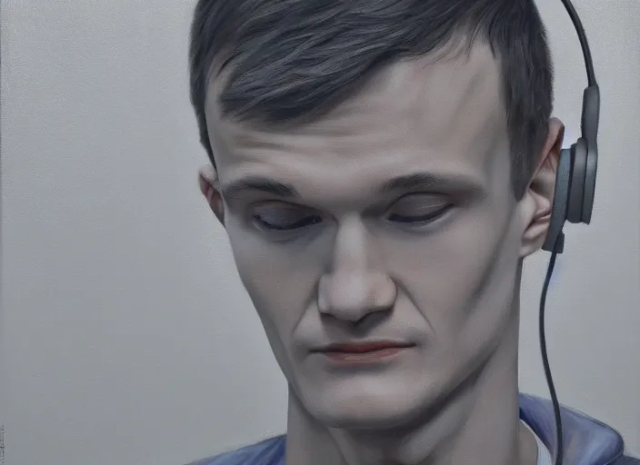 Image similar to vitalik buterin in headphones. vitalik buterin, medium shot, perfect symmetric face, coherent eyes, fine details., 4 k, hans zatska, oil paint