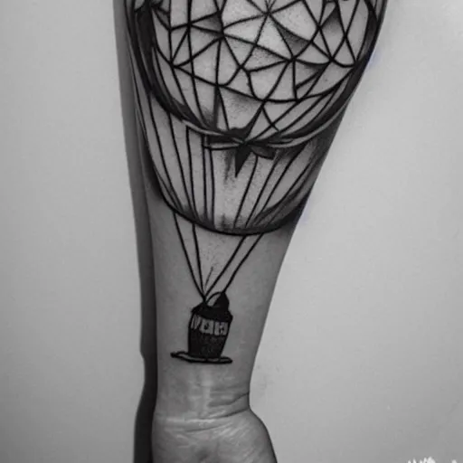 Image similar to a tattoo of multiple small balloons floating up, tattoo art, black and white tattoo,