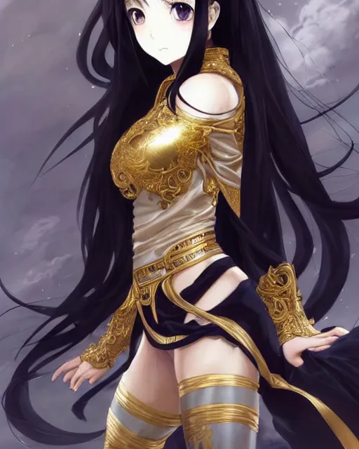 Image similar to beautiful anime portrait of a female fighter!! long black hair! silver eyes! fighting stance!!!! intricate ornate gold and black outfit!!! elegant, artbook, fine details by stanley artgerm lau, wlop, rossdraws, james jean, andrei riabovitchev, marc simonetti, and sakimichan, trending on artstation