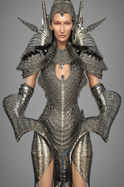 Image similar to a highly detailed 4 k render portrait of a beautiful tall alien goddess bella hadid in iris van herpen dress armor schiaparelli in diamonds and jewelry in style of alphonse mucha trending on artstation made in unreal engine 4