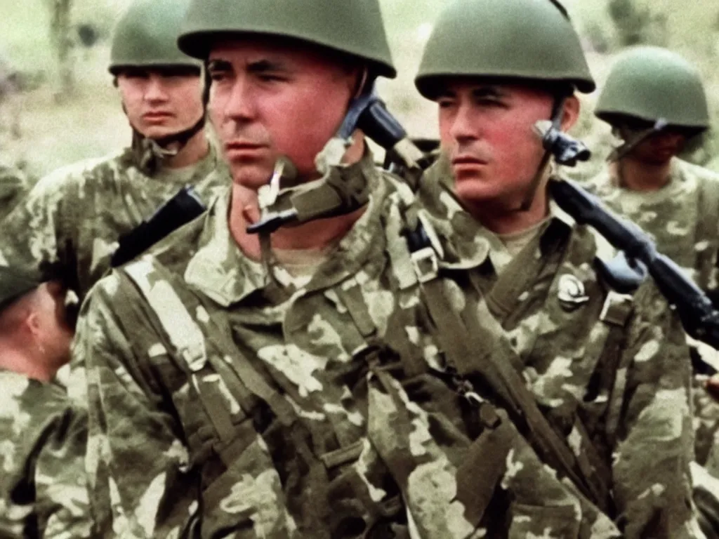 Image similar to vintage 90s VHS video still of a soldier promoting military history, TV, hue