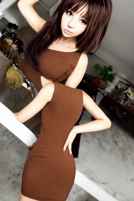 Image similar to beautiful woman with short brown hair, brown eyes, v-cut dress, anime