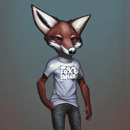 Image similar to A fox with a small head wearing a t-shirt and jeans, trending on FurAffinity, energetic, dynamic, digital art, highly detailed, FurAffinity, digital fantasy art, FurAffinity, favorite