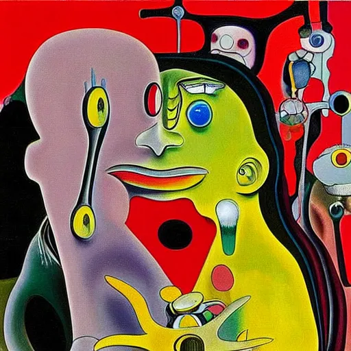 Image similar to Oil painting by Roberto Matta. Strange mechanical beings kissing. Close-up portrait by Takashi Murakami. Dali.