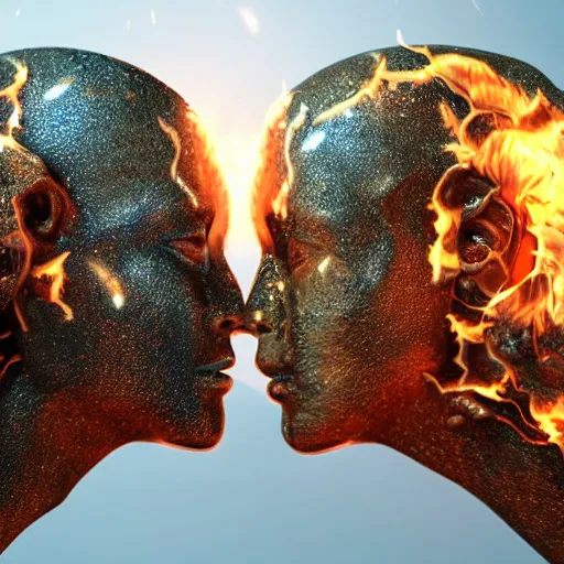 Image similar to two human souls together, stuck, glue dripping souls, extremely detailed, insanely detailed and intricate, high detail, golden fire with smoke background, depth field, unreal engine, 4 k concept art and hyper realism