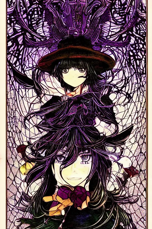 Image similar to marisa kirisame, touhou project, intricate, amazing line work, colorful, tarot cards, the devil tarot card