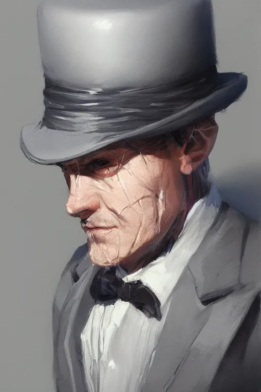 Image similar to a halfling grey hair with stubble top hat and suit by Greg Rutkowski, painting, portrait, D&D, trending on artstation