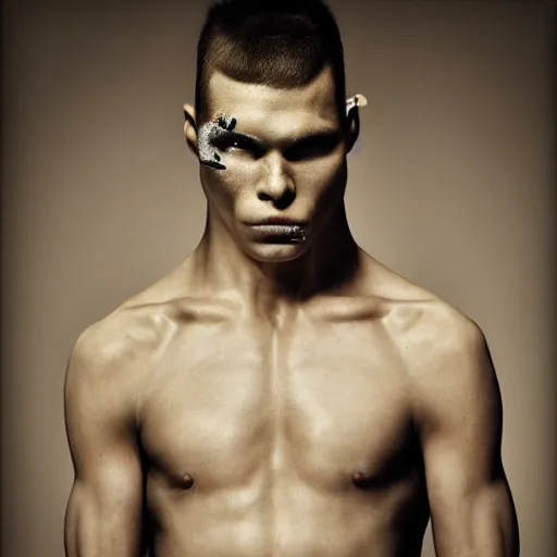 Image similar to a portrait of a beautiful athletic young male demon, photographed by erwin olaf, artistic