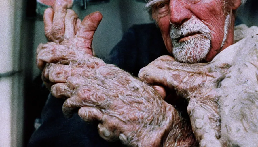 Image similar to 7 0 s movie still of a old man with trypophobia hand, cinestill 8 0 0 t 3 5 mm eastmancolor, heavy grain, high quality, high detail