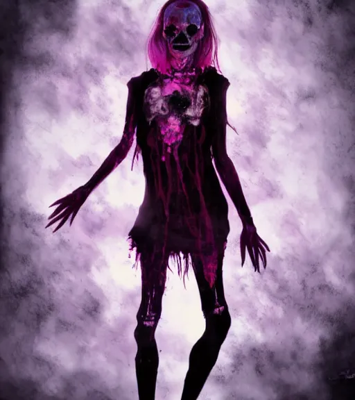 Image similar to decaying death girl flares with evil intentions, midnight hell colors backlit, digital painting, a picture taken by Draca Wilford and Aurore Lephilipponnat