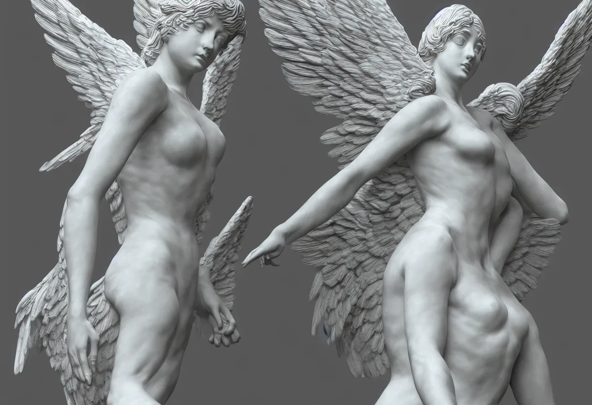 Prompt: a statue of an angel with many wings full of eyes, white and gold, zbrush, hdr
