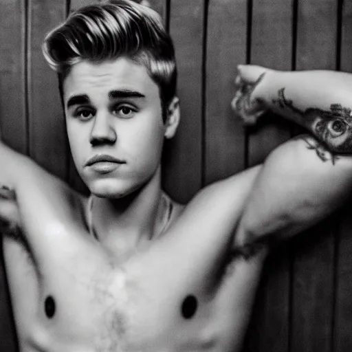 Prompt: high-resolution photograph of Justin Bieber in a sauna with hair on his chest