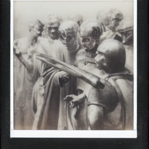 Image similar to a polaroid photograph of Roman Senators stabbing Julius Caesar in the back