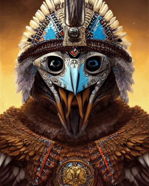 Image similar to digital painting of an aztec eagle knight by filipe pagliuso and justin gerard, symmetric, fantasy, detailed, intricate, portrait, sharp focus, tarot card, handsome, gwent