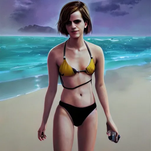 Image similar to highly detailed painting of emma watson wearing a bikini, gta 5 cover art style, 8 k, radiant light, detailed and intricate environment, trending on artstation